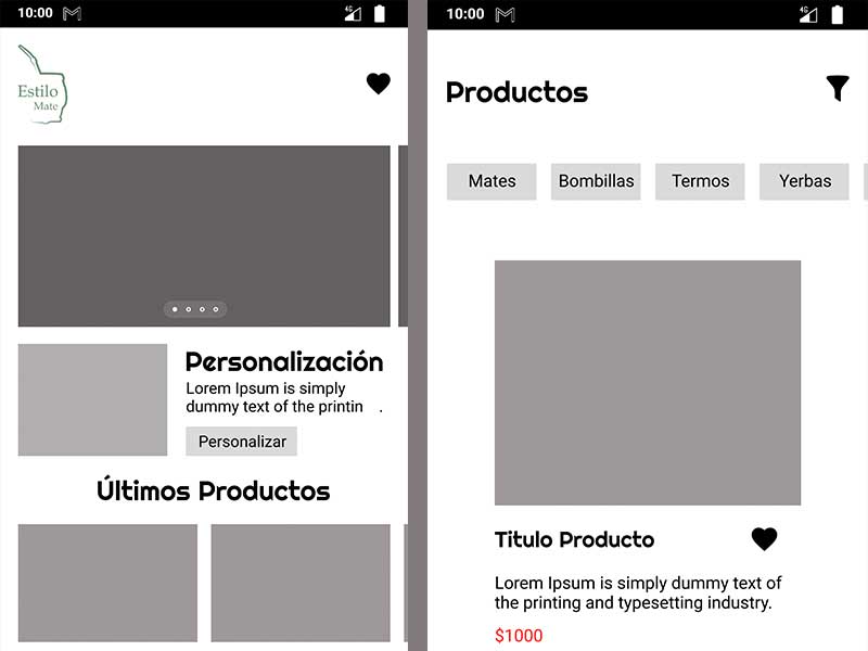 Wireframe de app de venta de mates
